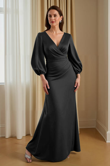 Robe longue mère de la mariée en satin de pin sirène col en V avec manches